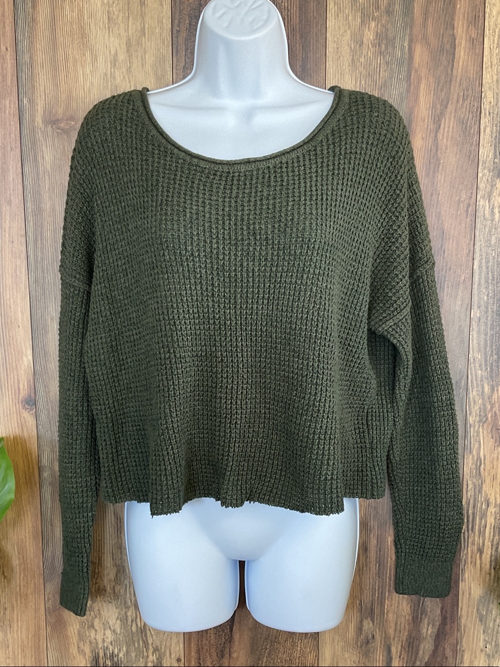 Hollister Olive Green Waffle Knit Scoop-Neck Pullover Crop Sweater M 929B